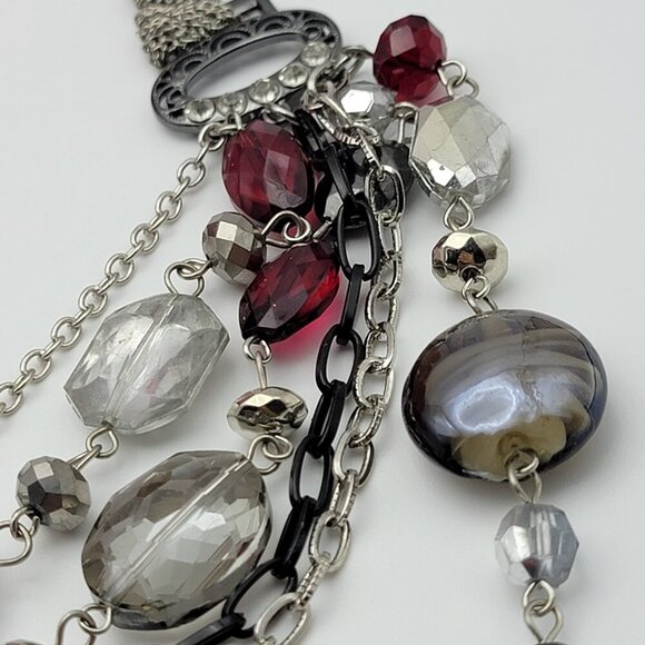 BOCAR Multi Chain Glass Bead Statement Necklace 26" Silver Tone & Red  Layered - Picture 8 of 11